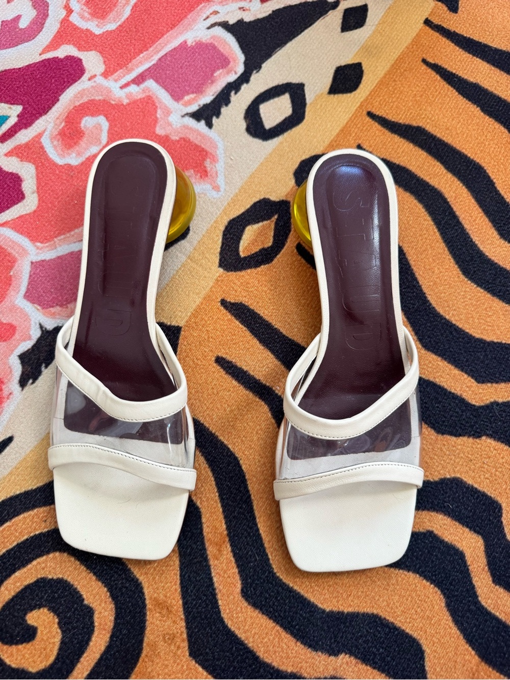 STAUD Clear Strap White Mule Sandals with yellow Heel - Picture 2 of 3